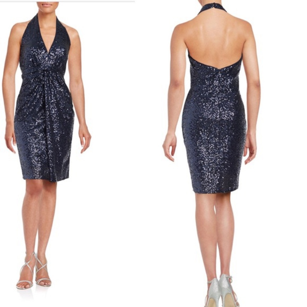 Vince Camuto Navy Sequin Halter Dress 0